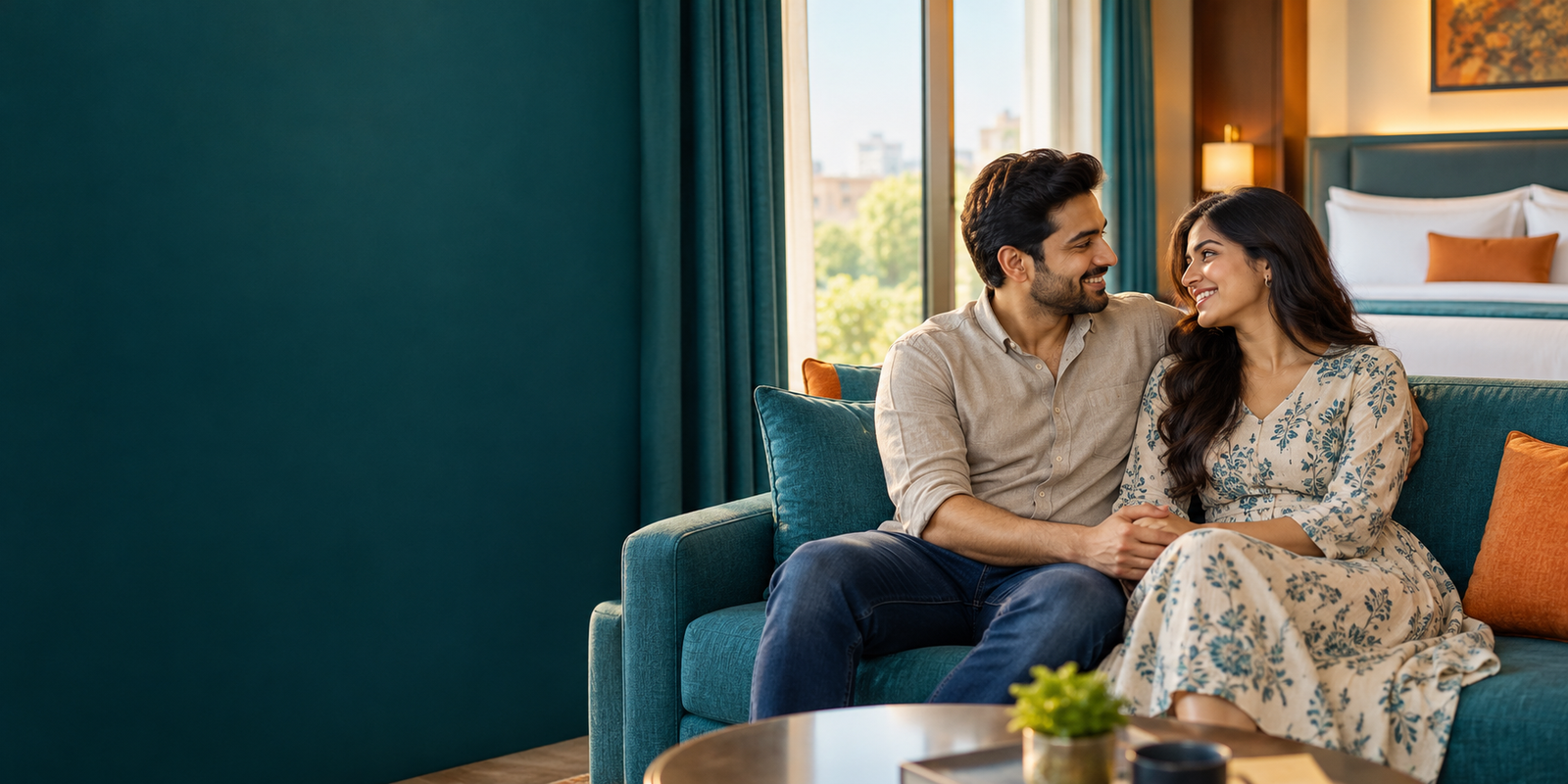 Adult couple sharing a relaxed moment in an illustrative hotel setting